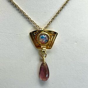 Gold Pendant Necklace with Purple and Opal Accents